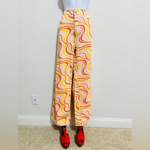 Colorful High Waist Groovy Print Wide Leg Jeans Size Large - Picture 7 of 8